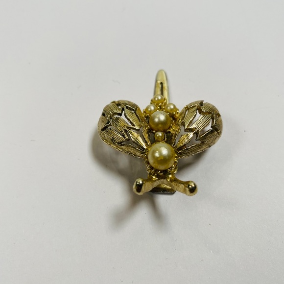 60s/70s Pearl And Gold Tone Metal Bee Hair Pin - Picture 5 of 9